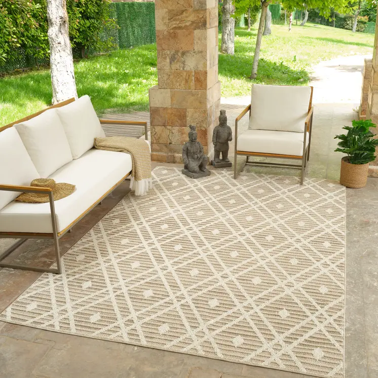4' X 6' Cream and Brown Geometric Distressed Indoor Outdoor Area Rug