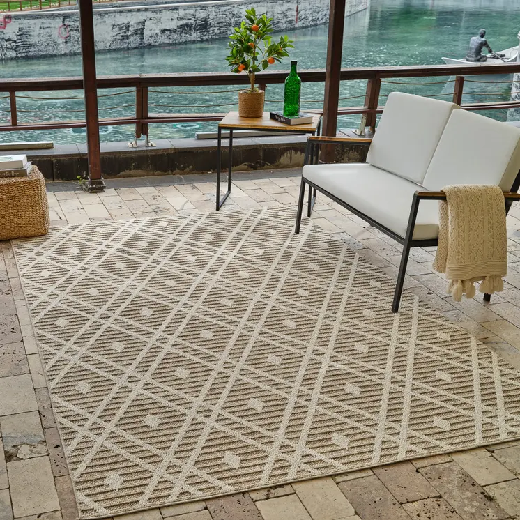 4' X 6' Cream and Brown Geometric Distressed Indoor Outdoor Area Rug