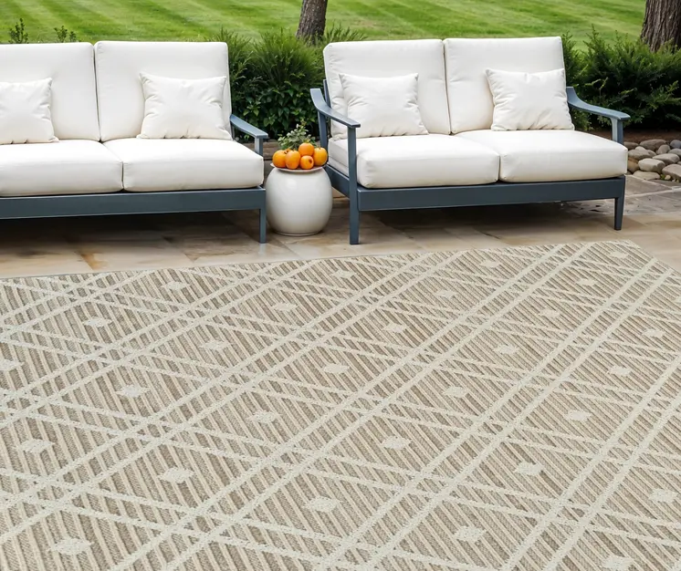 8' X 11' Cream and Brown Geometric Distressed Indoor Outdoor Area Rug
