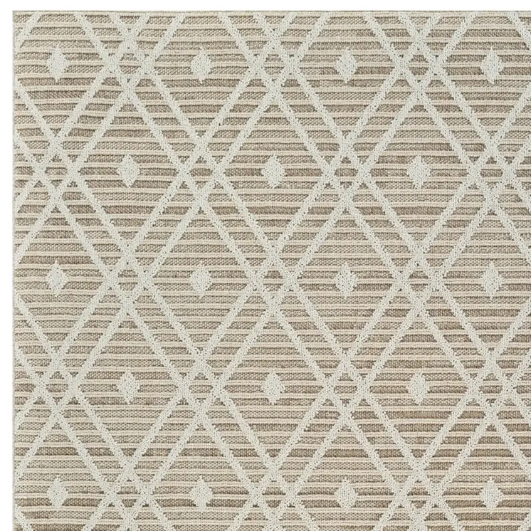 8' X 11' Cream and Brown Geometric Distressed Indoor Outdoor Area Rug