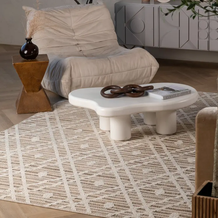 8' X 11' Cream and Brown Geometric Distressed Indoor Outdoor Area Rug
