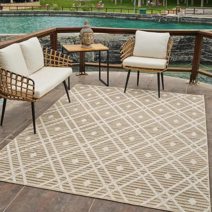 8' X 11' Cream and Brown Geometric Distressed Indoor Outdoor Area Rug