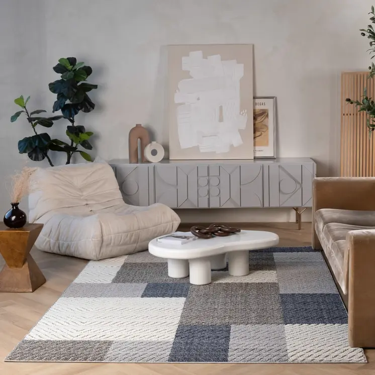 4' X 6' Gray And Blue Geometric Distressed Indoor Outdoor Area Rug