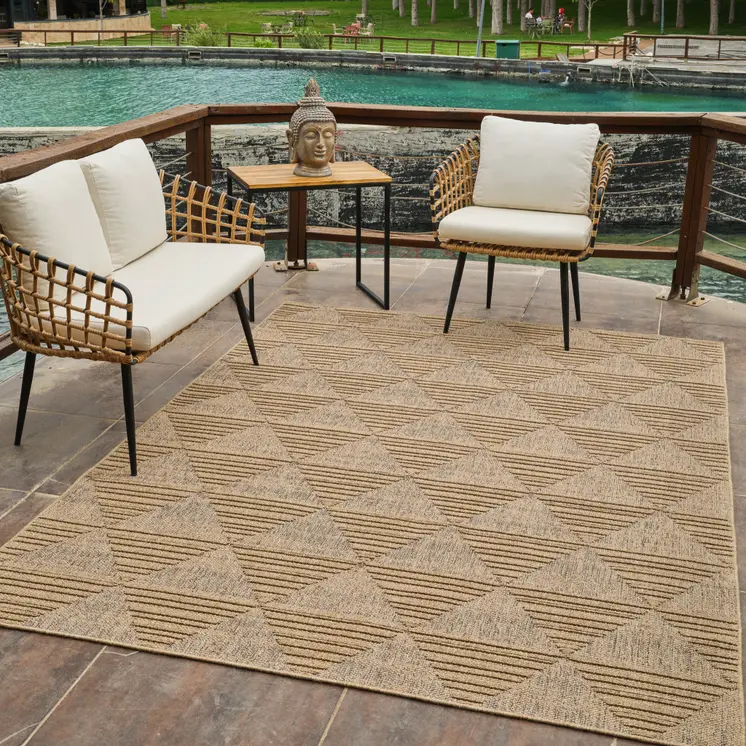7' X 10' Beige and Brown Geometric Distressed Indoor Outdoor Area Rug