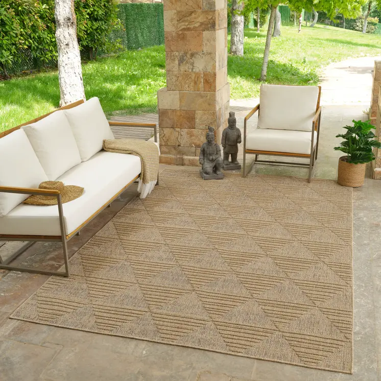 7' X 10' Beige and Brown Geometric Distressed Indoor Outdoor Area Rug