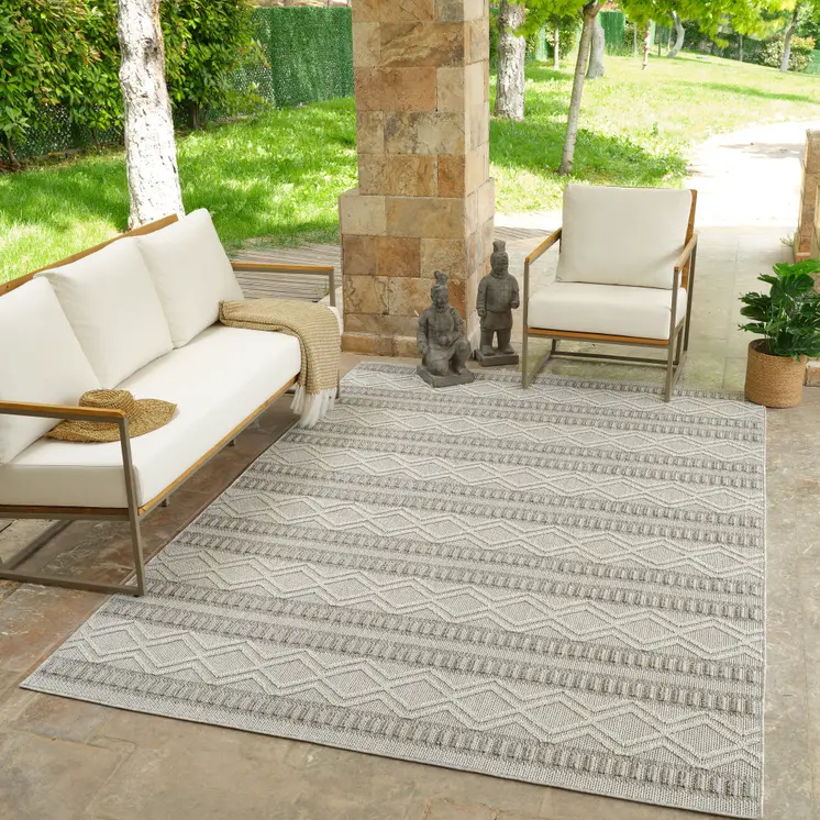 4' X 6' Beige And Gray Striped Distressed Indoor Outdoor Area Rug