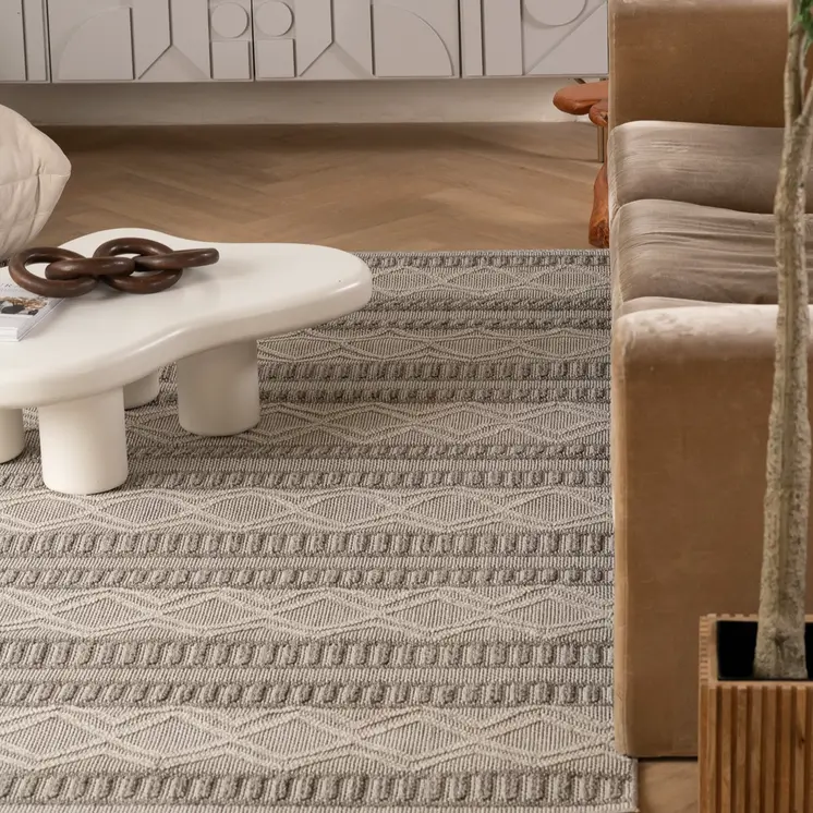 5' X 8' Beige And Gray Striped Distressed Indoor Outdoor Area Rug