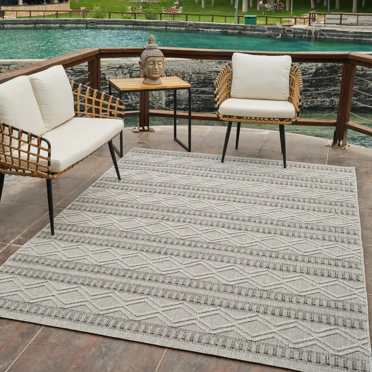 5' X 8' Beige And Gray Striped Distressed Indoor Outdoor Area Rug