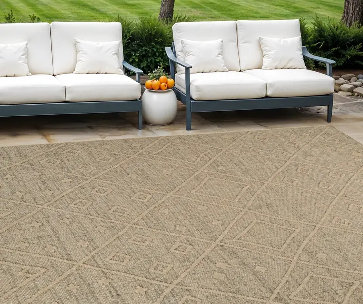 7' X 10' Beige and Brown Geometric Distressed Indoor Outdoor Area Rug