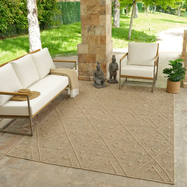 8' X 11' Beige and Brown Geometric Distressed Indoor Outdoor Area Rug