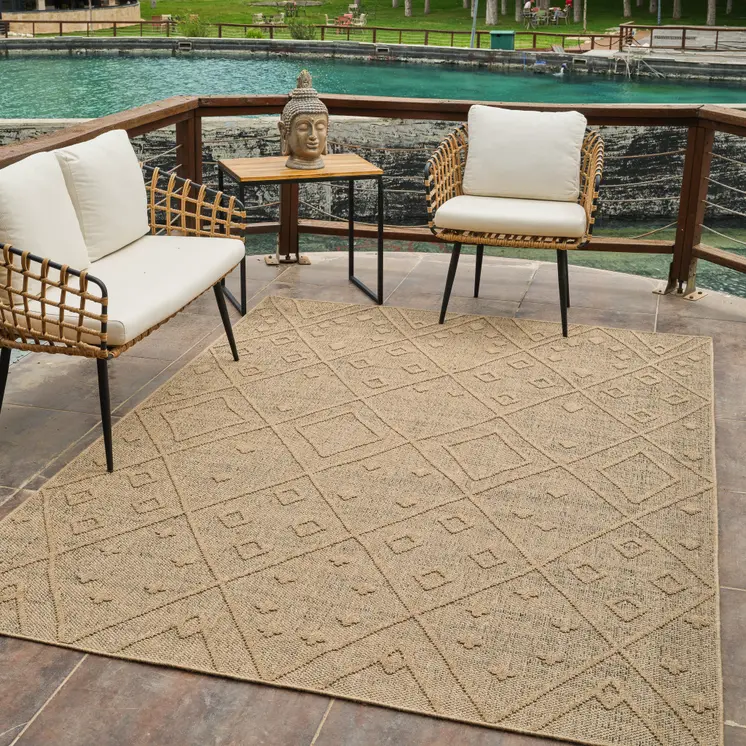 8' X 11' Beige and Brown Geometric Distressed Indoor Outdoor Area Rug