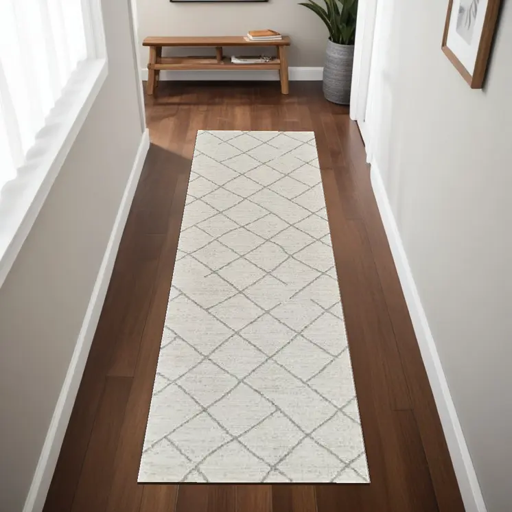 8' Cream And Beige Abstract Distressed Runner Rug