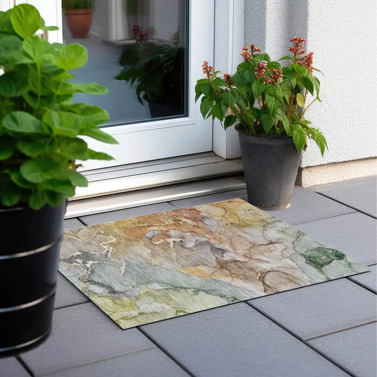 2' X 3' Gray and Gold Abstract Washable Non Skid Indoor Outdoor Area Rug