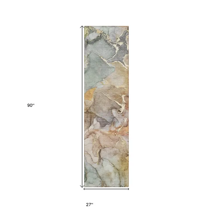 2' X 8' Gray and Gold Abstract Washable Non Skid Indoor Outdoor Area Rug