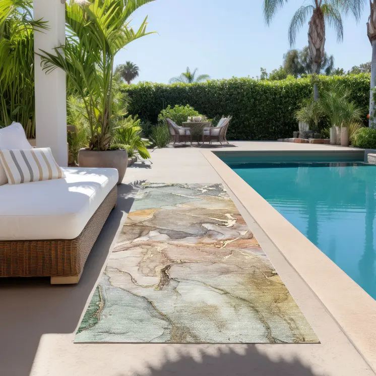 2' X 8' Gray and Gold Abstract Washable Non Skid Indoor Outdoor Area Rug