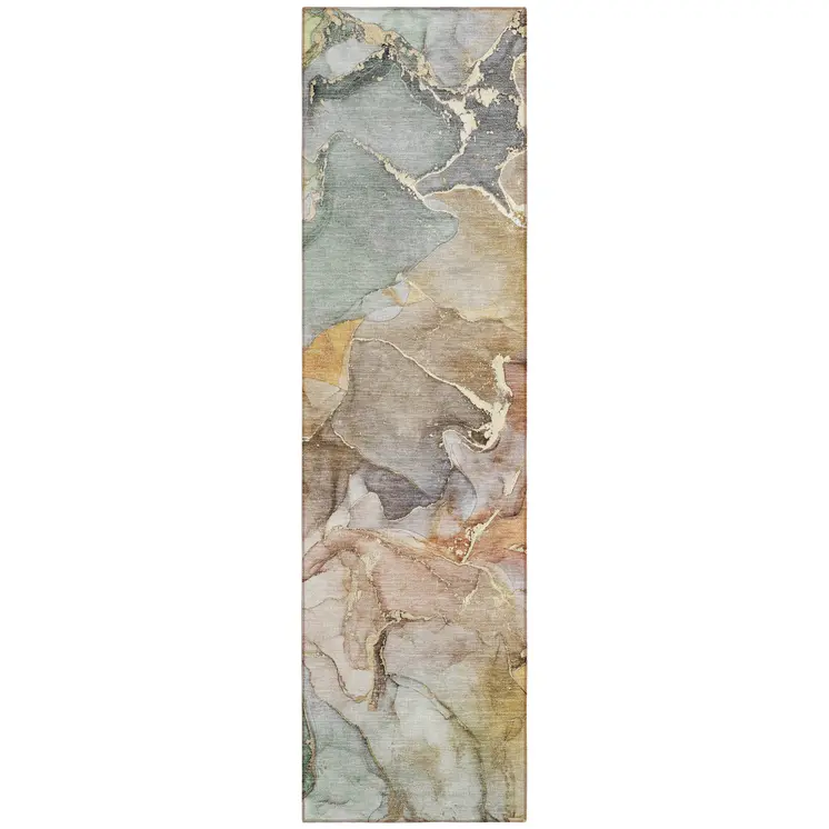 2' X 8' Gray and Gold Abstract Washable Non Skid Indoor Outdoor Area Rug