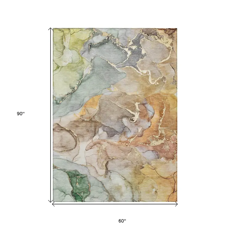 5' X 8' Gray and Gold Abstract Washable Non Skid Indoor Outdoor Area Rug