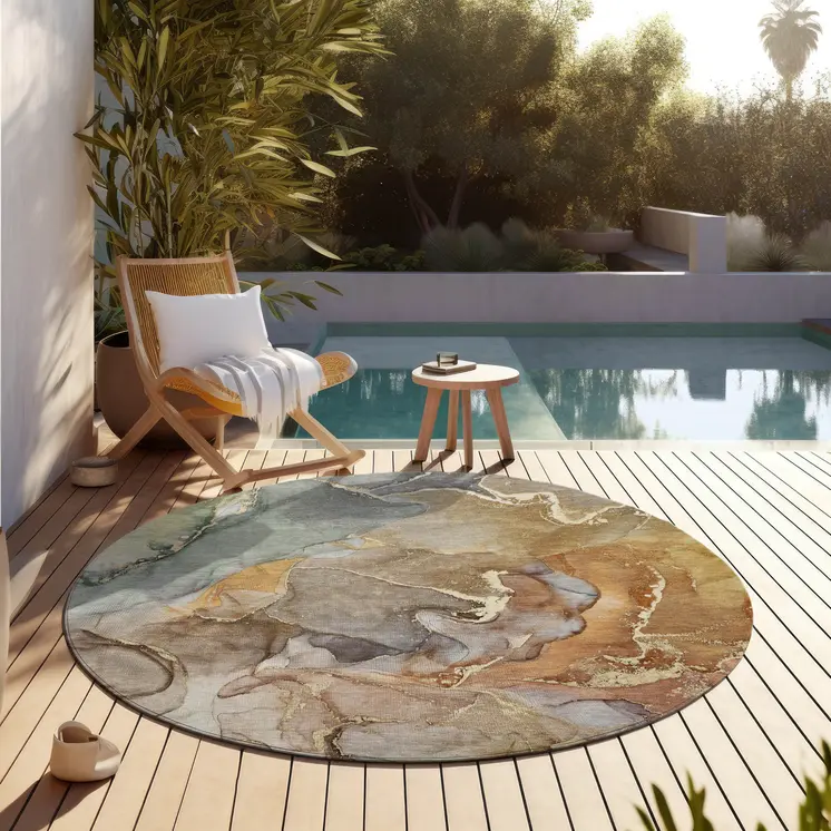 8' Round Gray and Gold Round Abstract Washable Non Skid Indoor Outdoor Area Rug