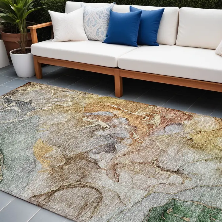 8' X 10' Gray and Gold Abstract Washable Non Skid Indoor Outdoor Area Rug