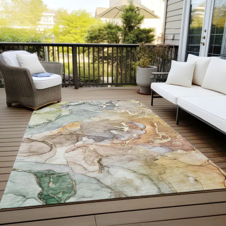 8' X 10' Gray and Gold Abstract Washable Non Skid Indoor Outdoor Area Rug