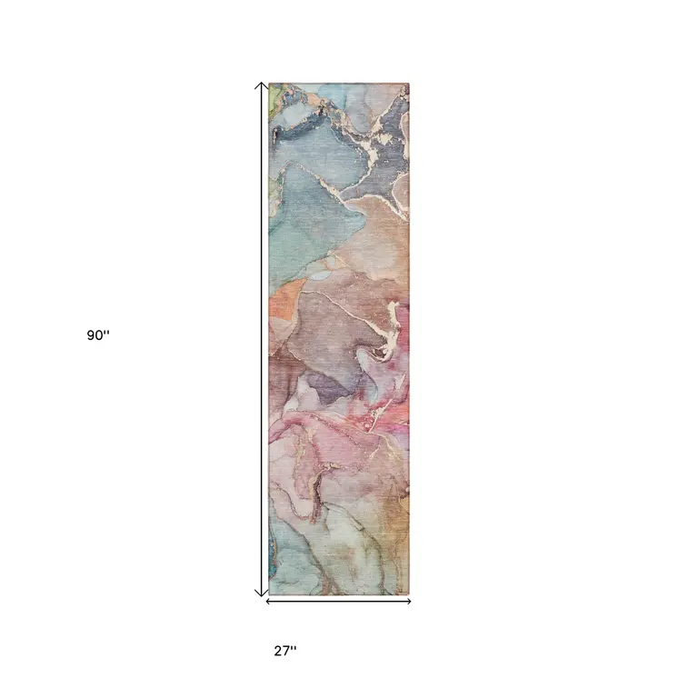 8' Runner Blue Abstract Washable Non Skid Indoor Outdoor Runner Rug