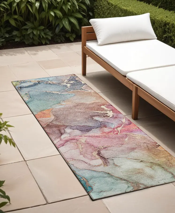 8' Runner Blue Abstract Washable Non Skid Indoor Outdoor Runner Rug