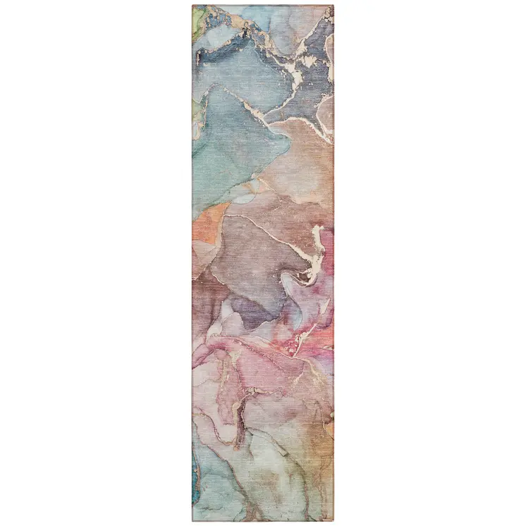 8' Runner Blue Abstract Washable Non Skid Indoor Outdoor Runner Rug