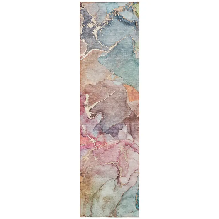 8' Runner Blue Abstract Washable Non Skid Indoor Outdoor Runner Rug