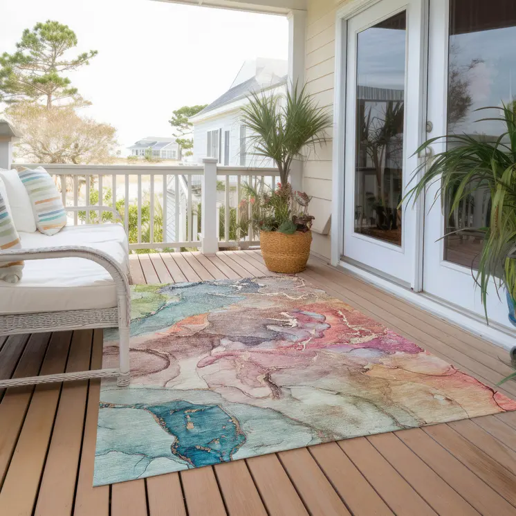3' X 5' Blue Abstract Washable Non Skid Indoor Outdoor Area Rug