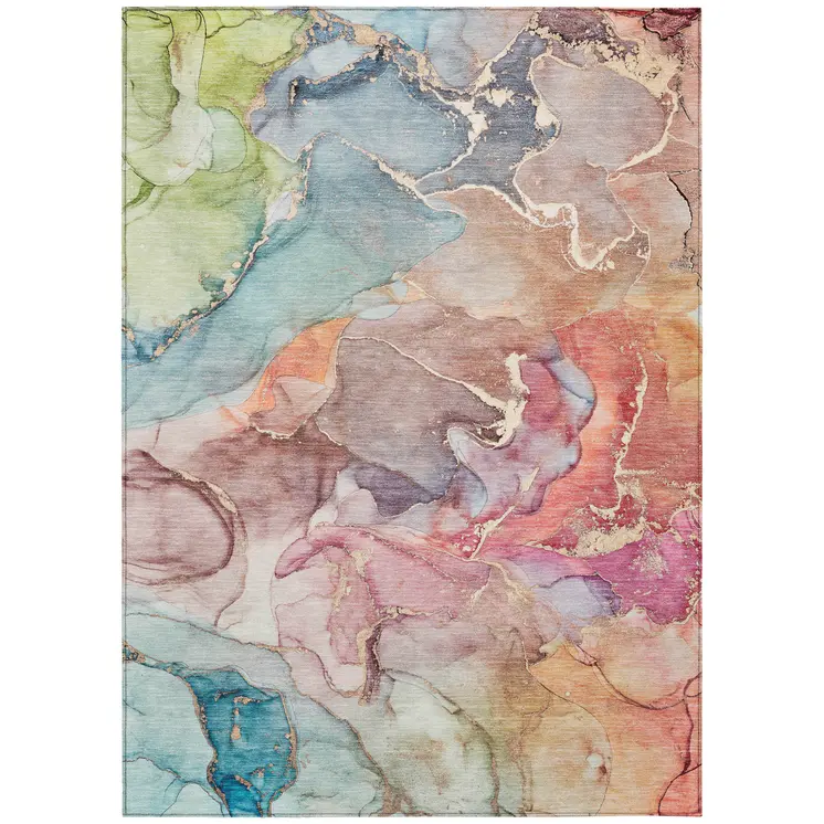 3' X 5' Blue Abstract Washable Non Skid Indoor Outdoor Area Rug
