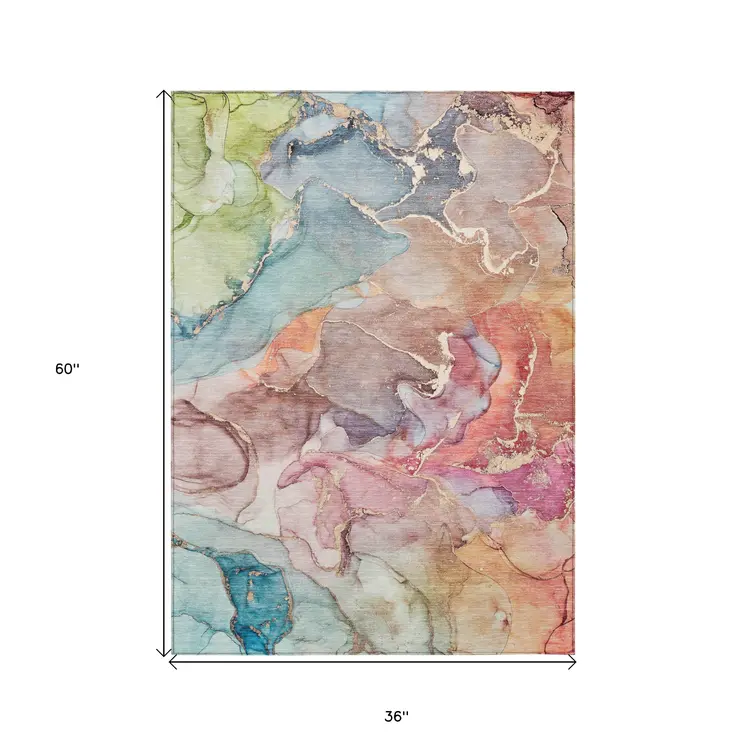 3' X 5' Blue Abstract Washable Non Skid Indoor Outdoor Area Rug