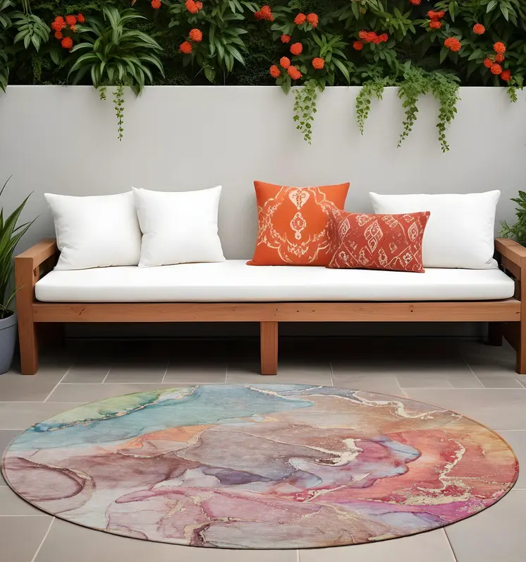 8' Round Blue Round Abstract Washable Non Skid Indoor Outdoor Area Rug