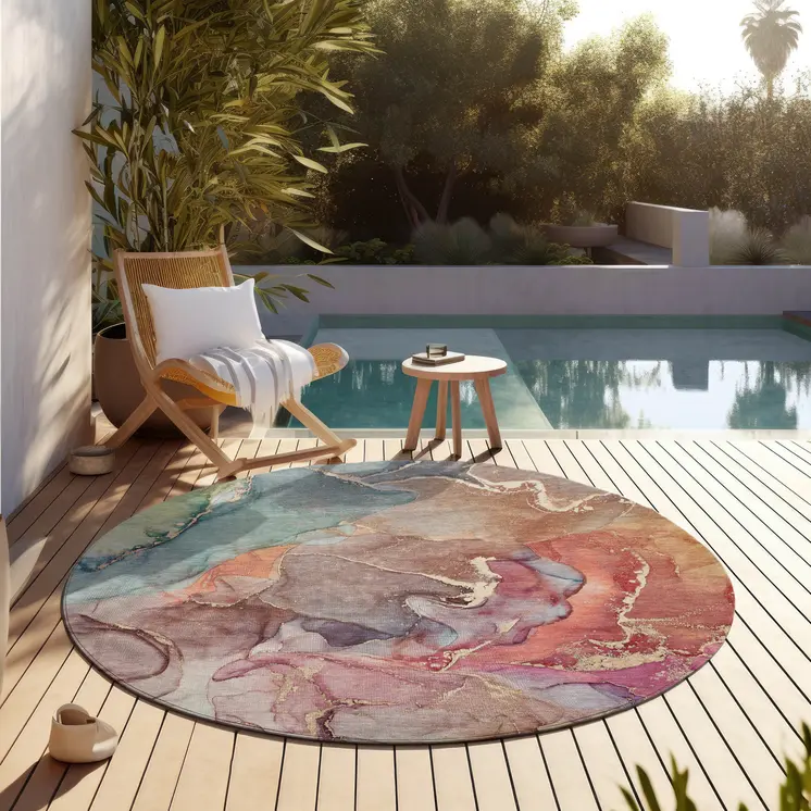 8' Round Blue Round Abstract Washable Non Skid Indoor Outdoor Area Rug
