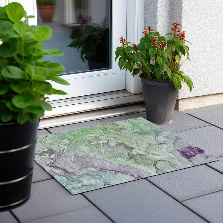 2' X 3' Green and Purple Abstract Washable Indoor Outdoor Area Rug