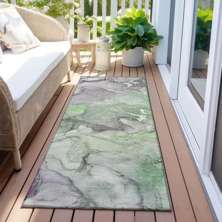 8' Runner Green Abstract Washable Non Skid Indoor Outdoor Runner Rug