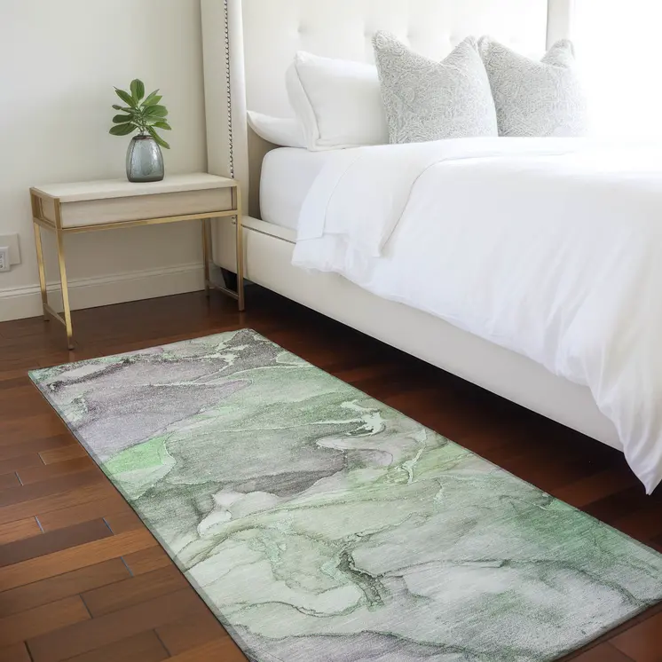 8' Runner Green Abstract Washable Non Skid Indoor Outdoor Runner Rug