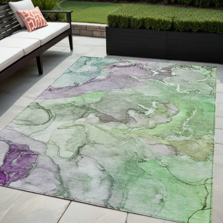 5' X 8' Green Abstract Washable Non Skid Indoor Outdoor Area Rug