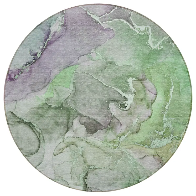 8' Round Green Round Abstract Washable Non Skid Indoor Outdoor Area Rug