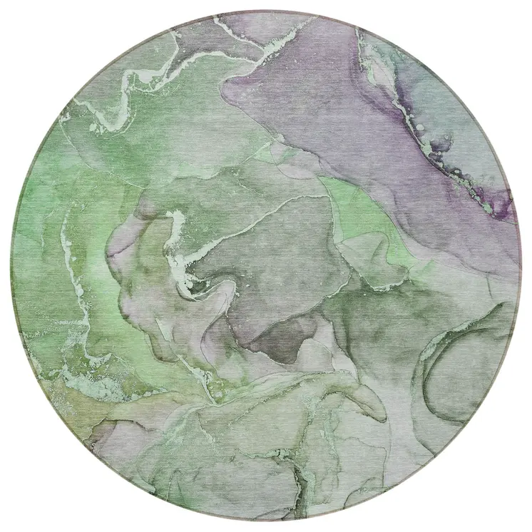 8' Round Green Round Abstract Washable Non Skid Indoor Outdoor Area Rug