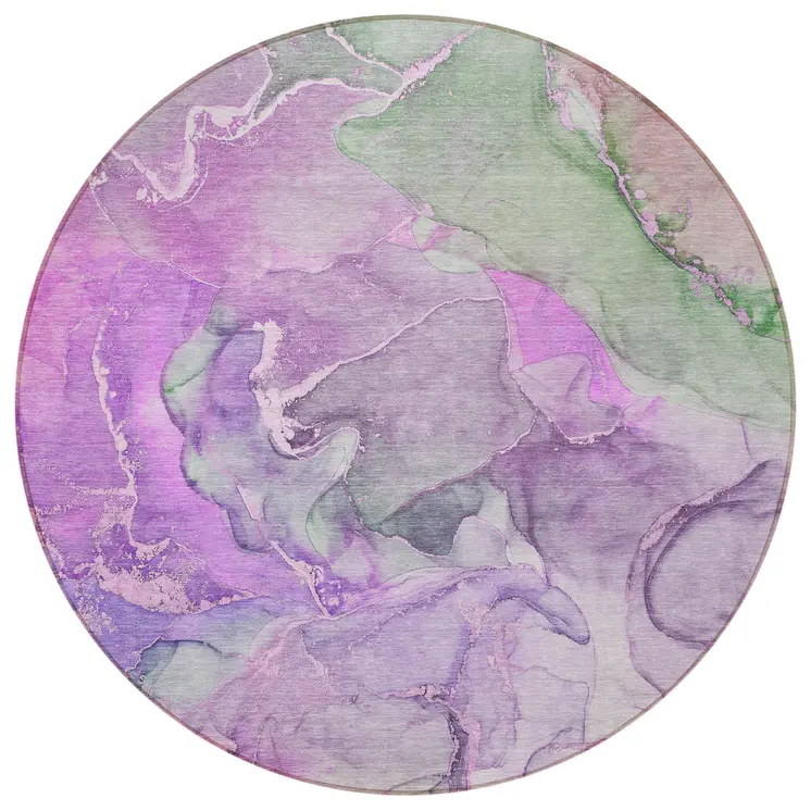 8' Round Purple Round Abstract Washable Non Skid Indoor Outdoor Area Rug