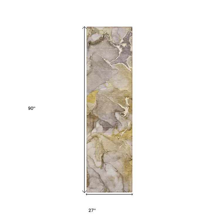8' Runner Taupe Abstract Washable Non Skid Indoor Outdoor Runner Rug