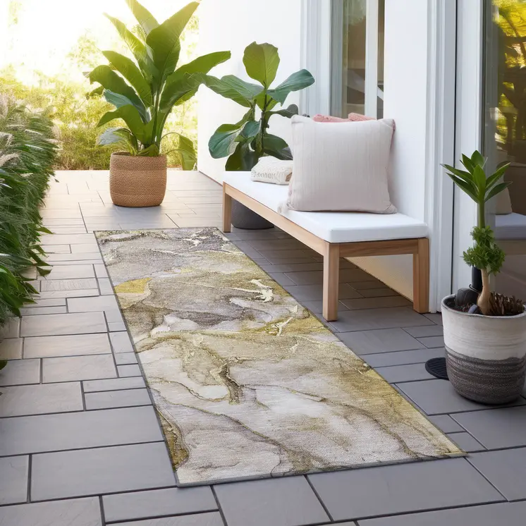 8' Runner Taupe Abstract Washable Non Skid Indoor Outdoor Runner Rug