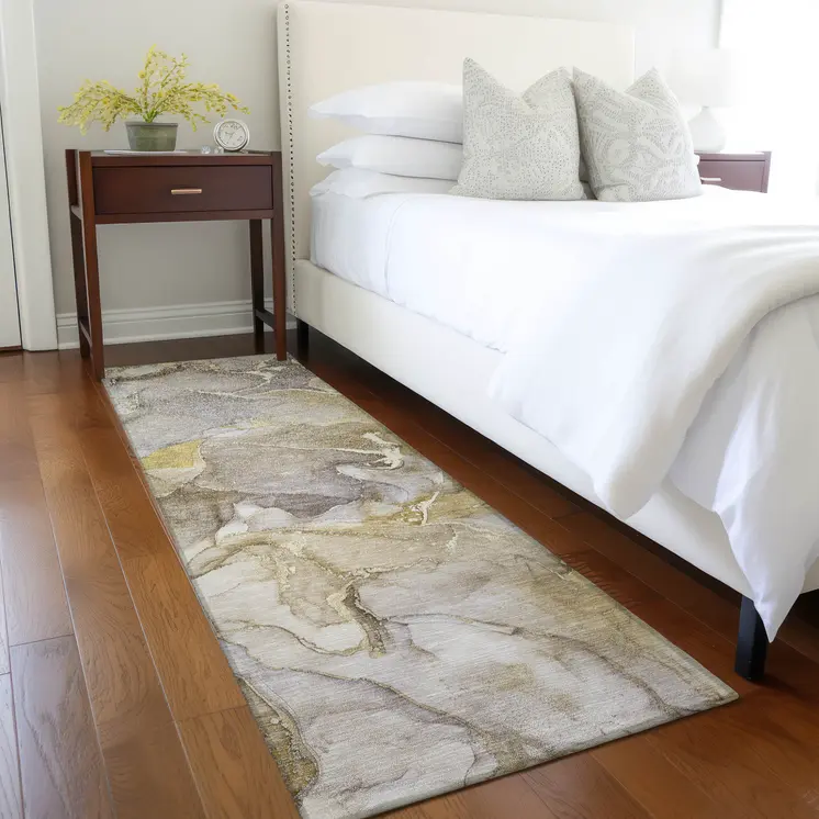 8' Runner Taupe Abstract Washable Non Skid Indoor Outdoor Runner Rug