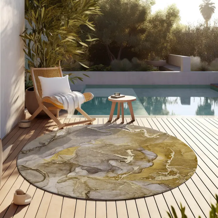 8' Round Taupe Round Abstract Washable Non Skid Indoor Outdoor Area Rug