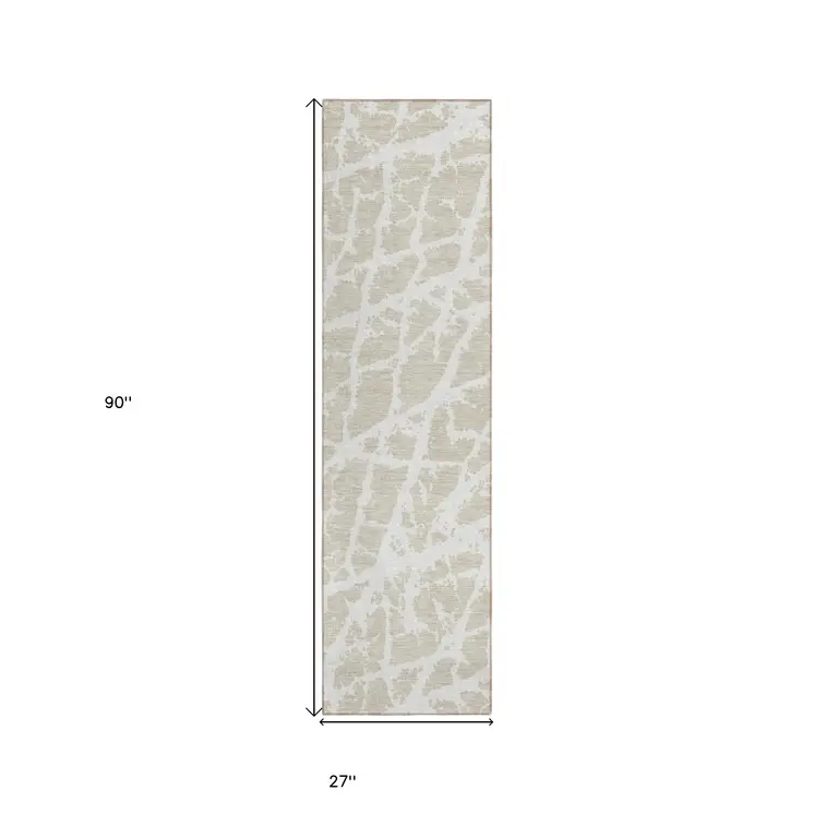 8' Runner Beige and Ivory Abstract Washable Non Skid Indoor Outdoor Runner Rug