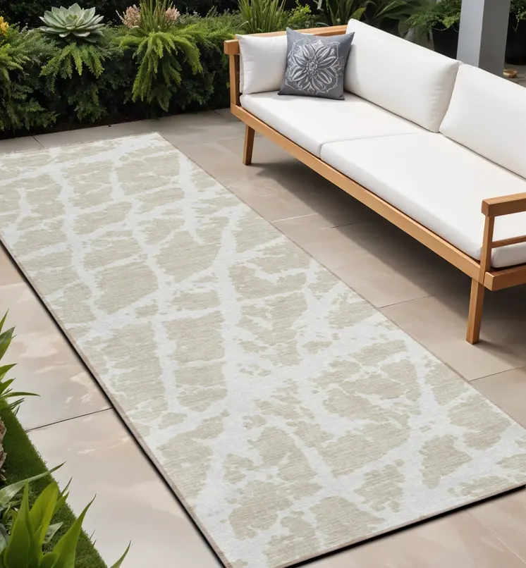 8' Runner Beige and Ivory Abstract Washable Non Skid Indoor Outdoor Runner Rug
