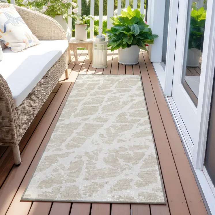 8' Runner Beige and Ivory Abstract Washable Non Skid Indoor Outdoor Runner Rug