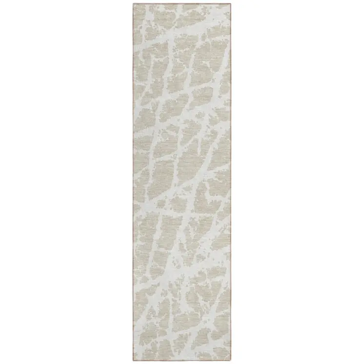 8' Runner Beige and Ivory Abstract Washable Non Skid Indoor Outdoor Runner Rug