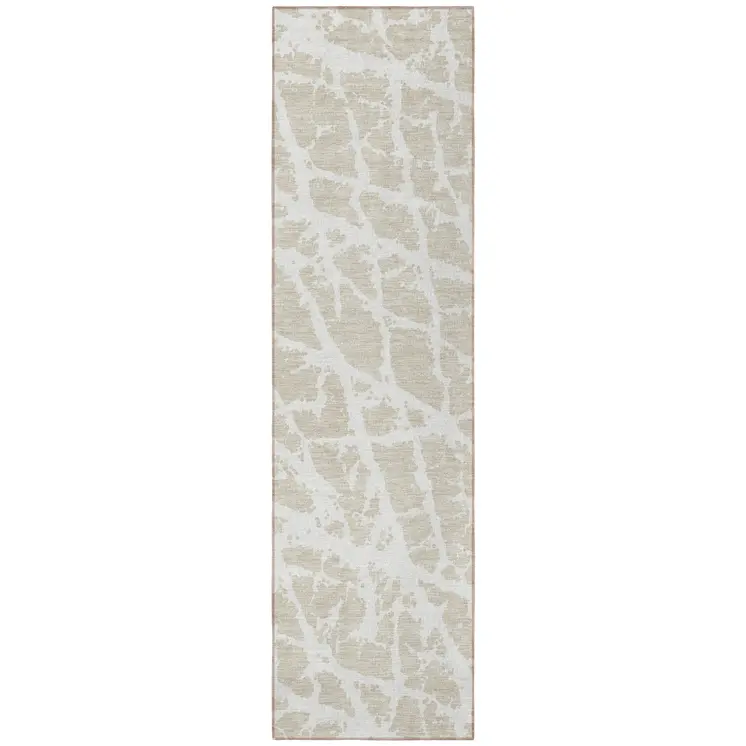 8' Runner Beige and Ivory Abstract Washable Non Skid Indoor Outdoor Runner Rug