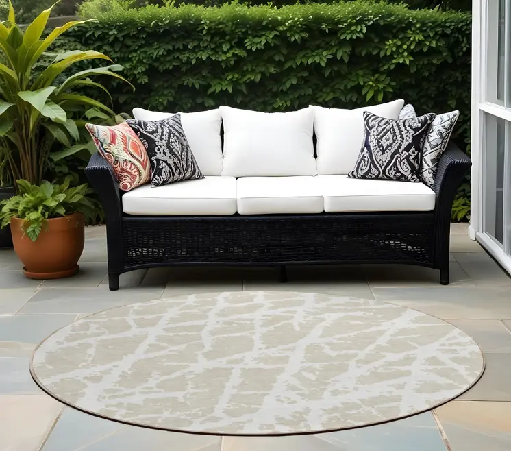 8' Round Beige and Ivory Round Abstract Washable Non Skid Indoor Outdoor Area Rug